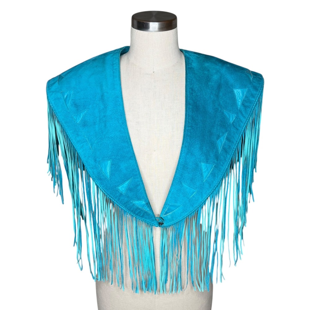 PATRICIA WOLF Suede Fringe Capelet Turquoise Western Applique Womens Vibrant